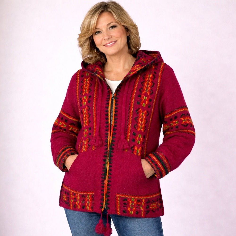 Inka's World Ecuador Wool Zip Up Hooded Jacket Pink Geometric Boho Tassel Medium